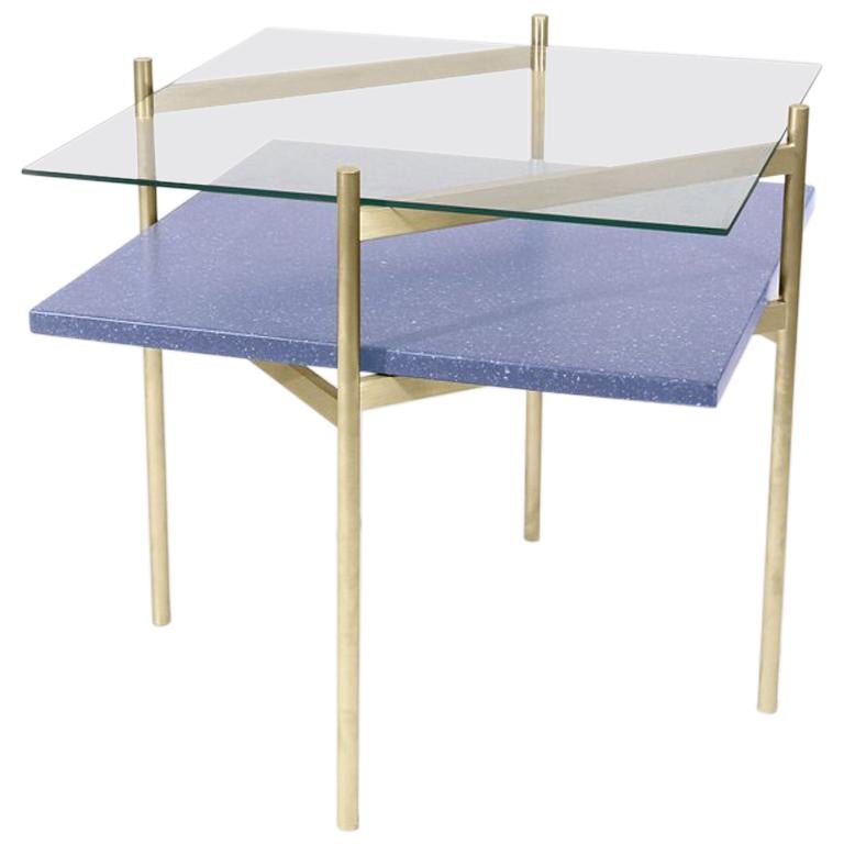 Duotone Diamond Side Table, Brass Frame / Clear Glass / Blue Mosaic For Sale