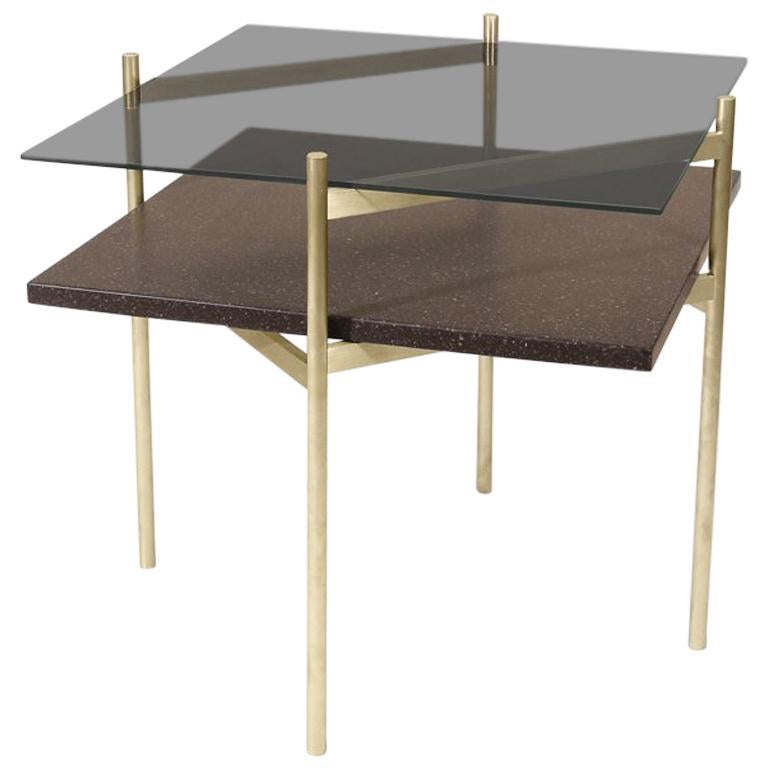Duotone Diamond Side Table, Brass Frame / Smoked Glass / Black Mosaic For Sale