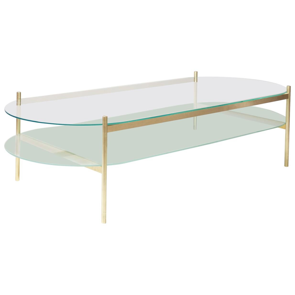 Duotone Pill Coffee Table, Brass Frame / Clear Glass / Frosted Glass For Sale