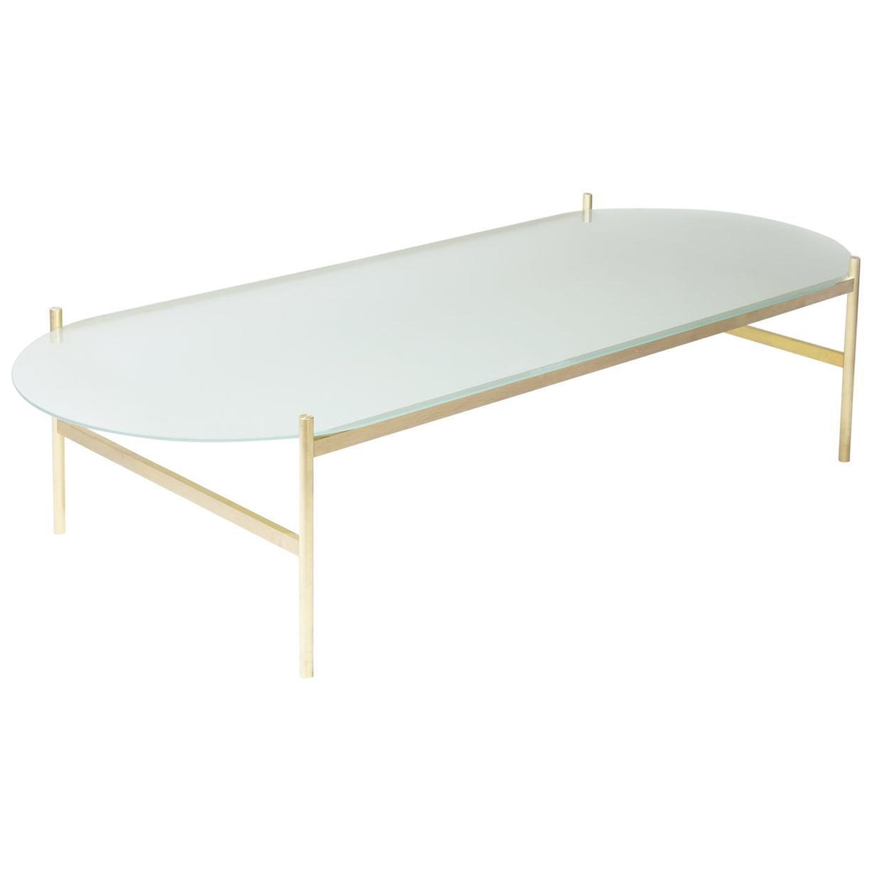Duotone Pill Coffee Table, Brass Frame / Frosted Glass For Sale at