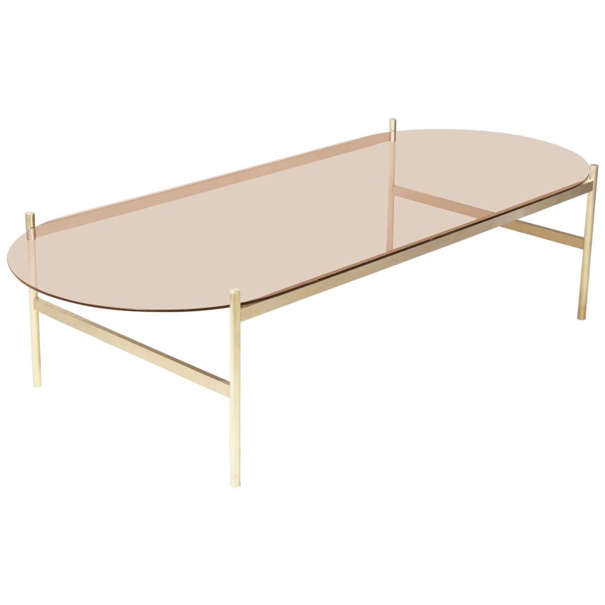 Duotone Pill Coffee Table, Brass Frame / Rose Glass For Sale