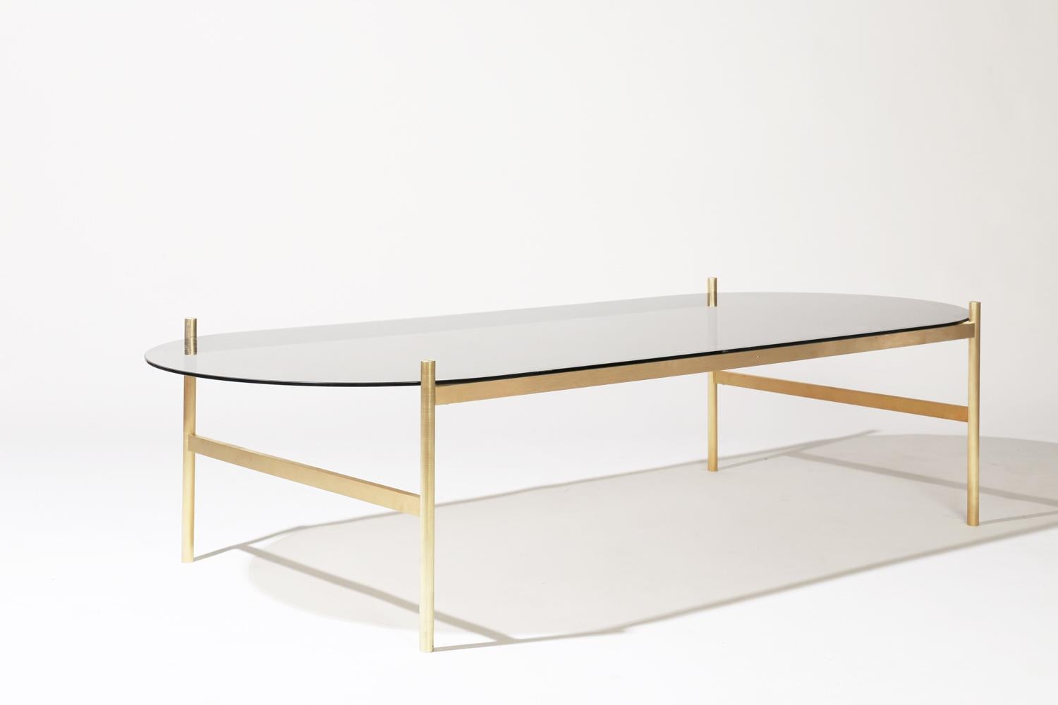 Modern Duotone Pill Coffee Table, Brass Frame / Smoked Glass For Sale