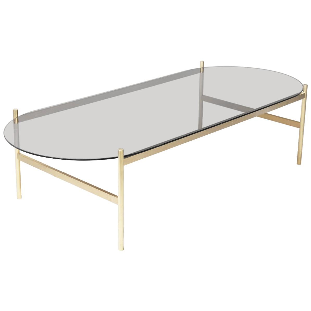 Duotone Pill Coffee Table, Brass Frame / Smoked Glass For Sale