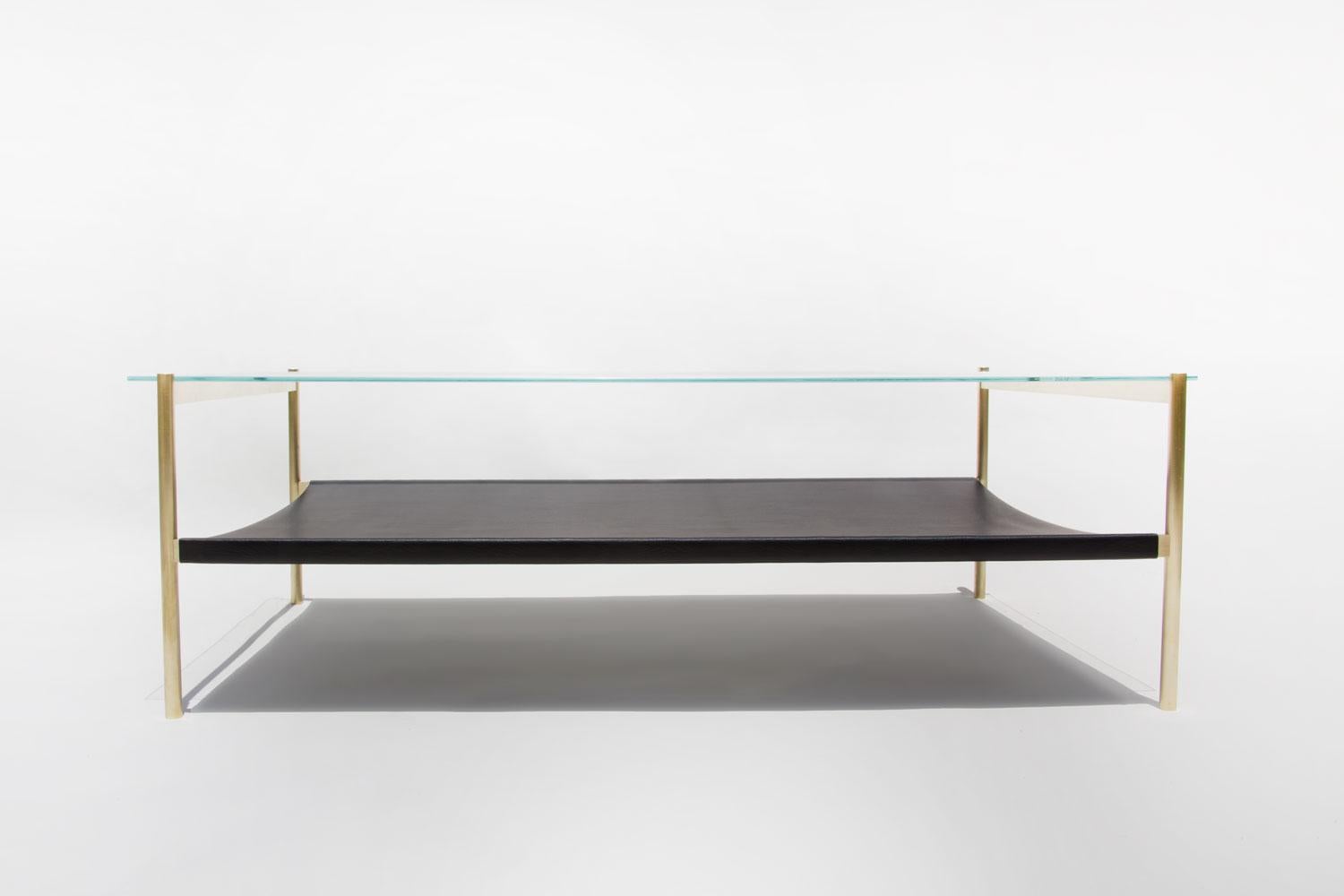 Modern Duotone Rectangular Coffee Table, Brass Frame / Clear Glass / Black Leather For Sale