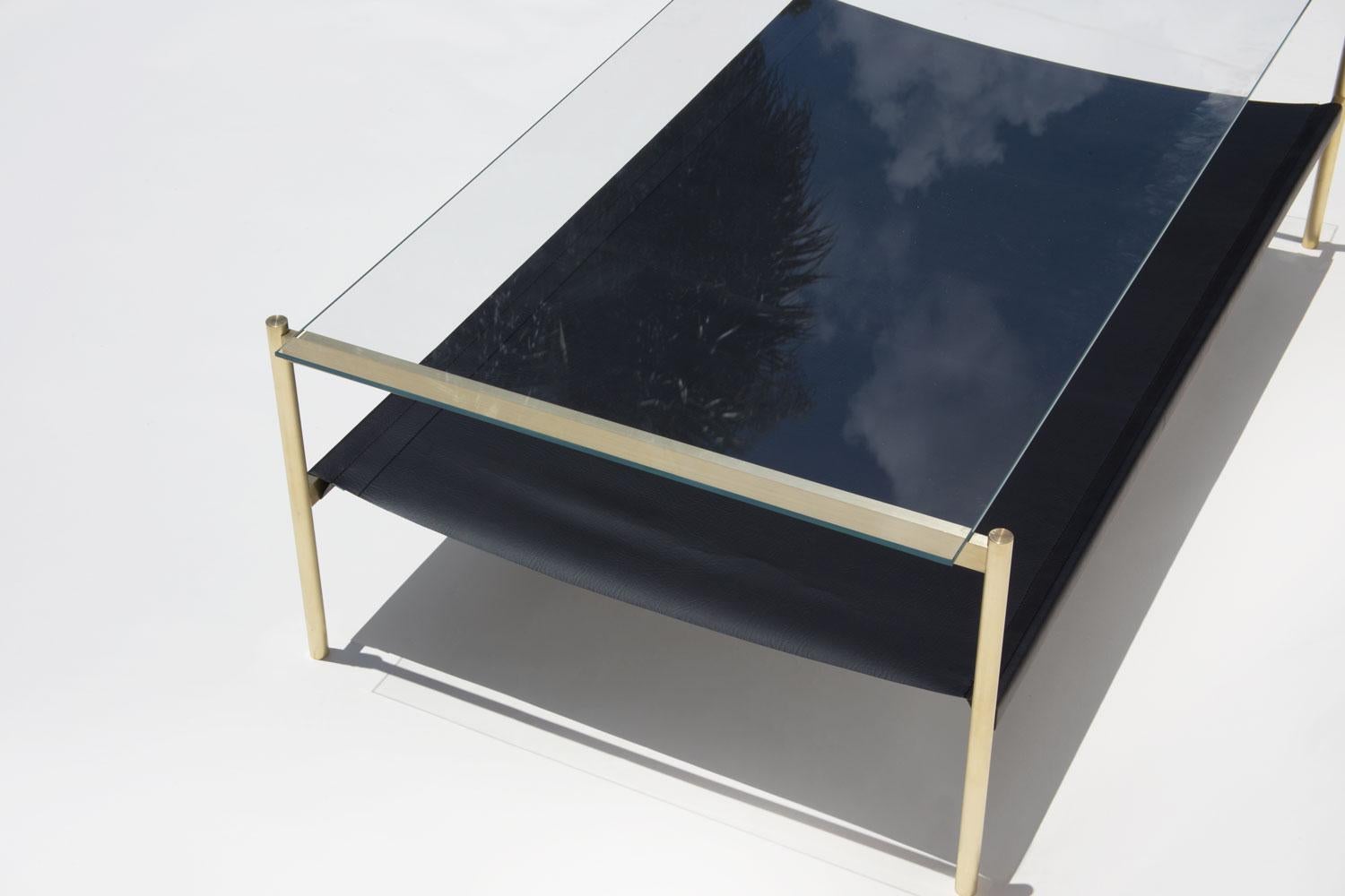 American Duotone Rectangular Coffee Table, Brass Frame / Clear Glass / Black Leather For Sale