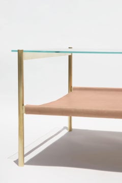 Duotone Rectangular Coffee Table, Brass Frame / Clear Glass / Natural Leather