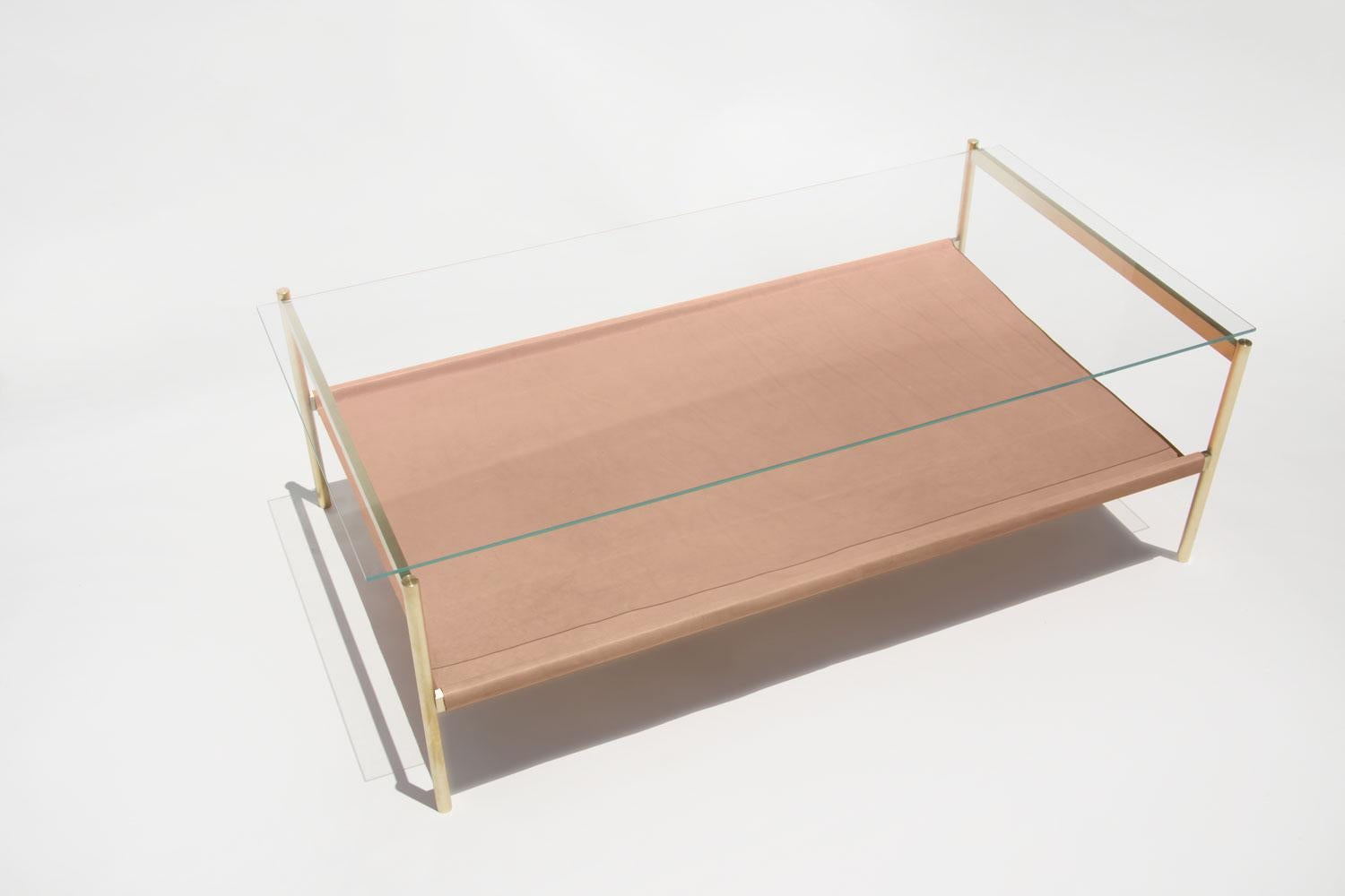 American Duotone Rectangular Coffee Table, Brass Frame / Clear Glass / Natural Leather For Sale