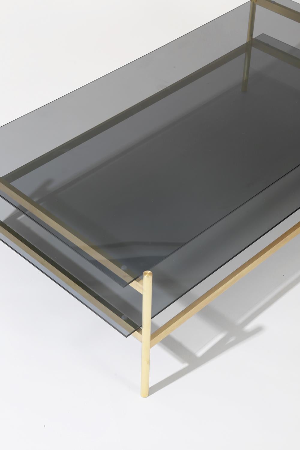Modern Duotone Rectangular Coffee Table, Brass Frame / Smoked Glass For Sale