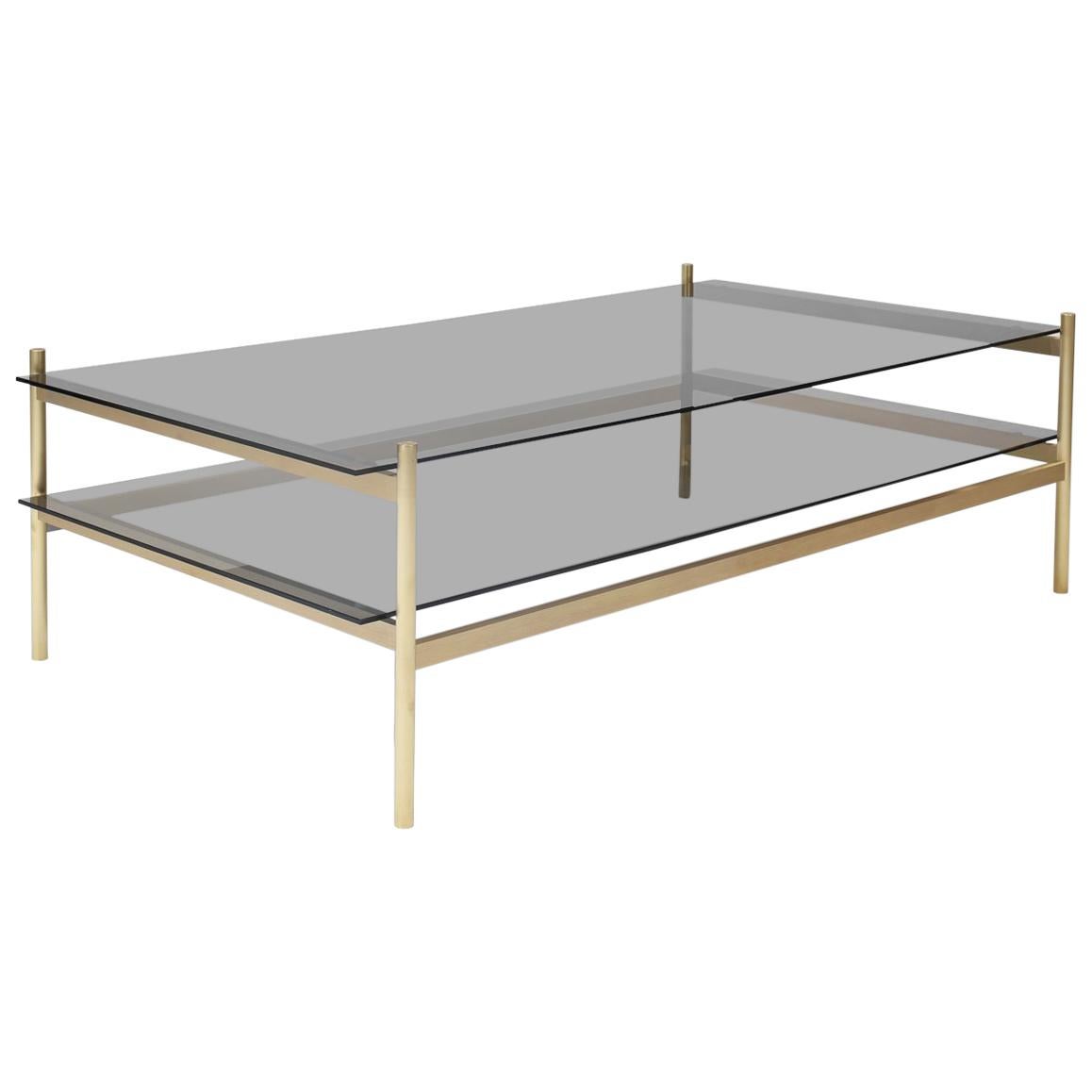 Duotone Rectangular Coffee Table, Brass Frame / Smoked Glass For Sale