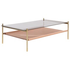 Duotone Rectangular Coffee Table, Brass Frame / Smoked Glass / Natural Leather