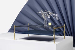 Duotone Rectangular Coffee Table, Brass Frame / Smoked Glass / Navy Suede