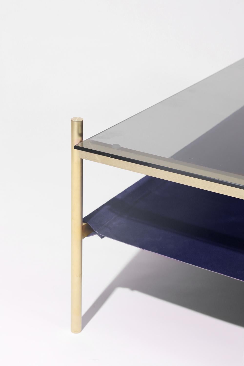 Machine-Made Duotone Rectangular Coffee Table, Brass Frame / Smoked Glass / Navy Suede For Sale