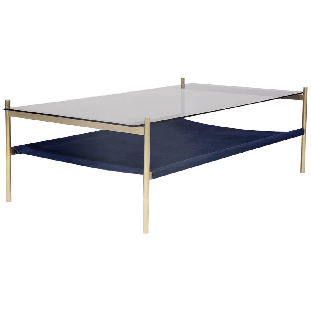 Duotone Rectangular Coffee Table, Brass Frame / Smoked Glass / Navy Suede For Sale