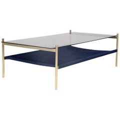 Duotone Rectangular Coffee Table, Brass Frame / Smoked Glass / Navy Suede