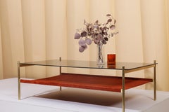 Duotone Rectangular Coffee Table, Brass Frame / Smoked Glass / Rust Suede
