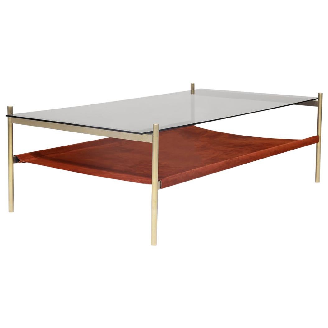 Duotone Rectangular Coffee Table, Brass Frame / Smoked Glass / Rust Suede For Sale