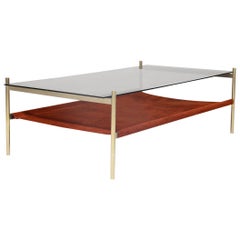 Duotone Rectangular Coffee Table, Brass Frame / Smoked Glass / Rust Suede