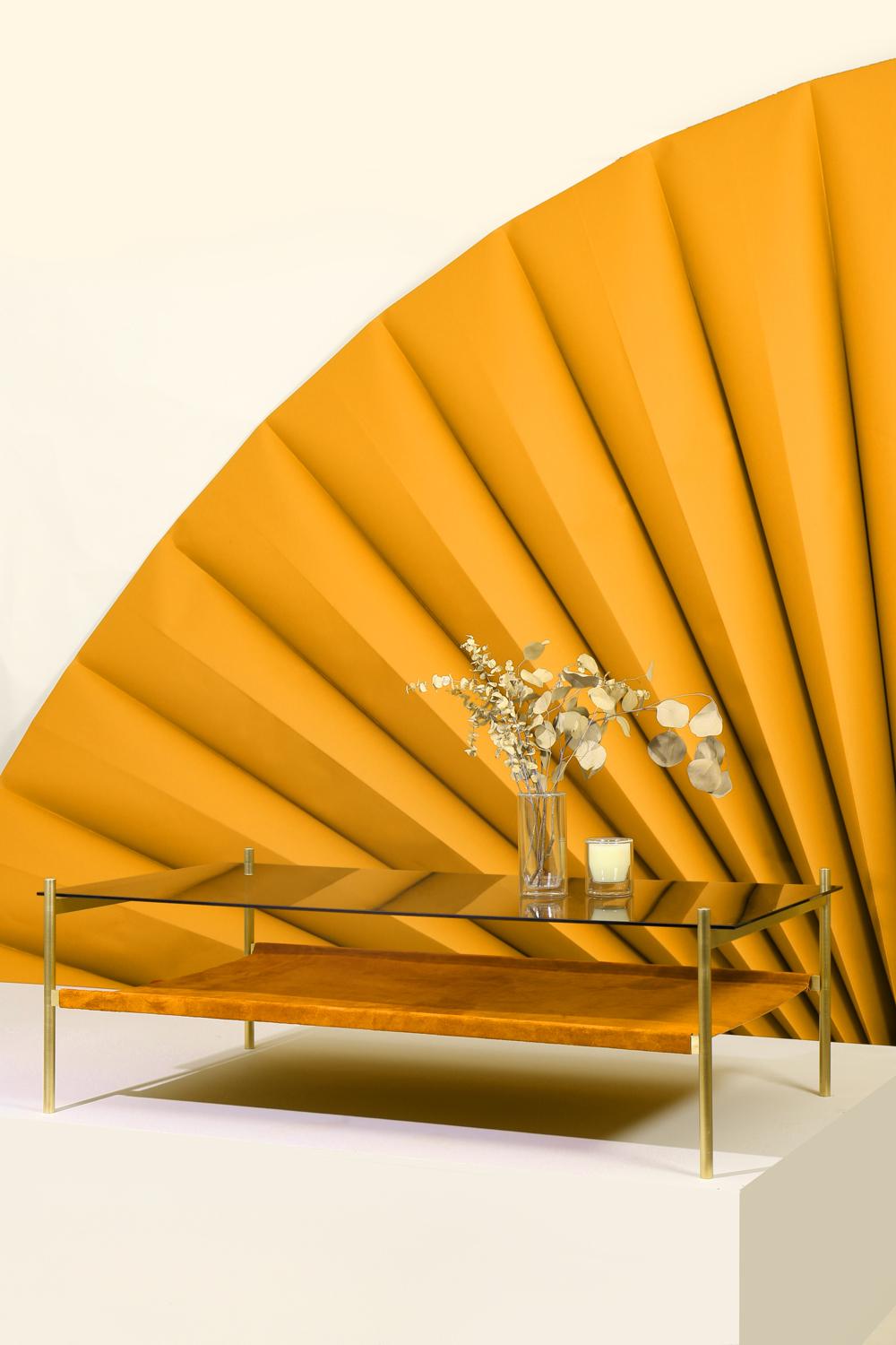 Modern Duotone Rectangular Coffee Table, Brass Frame / Smoked Glass / Saffron Suede For Sale