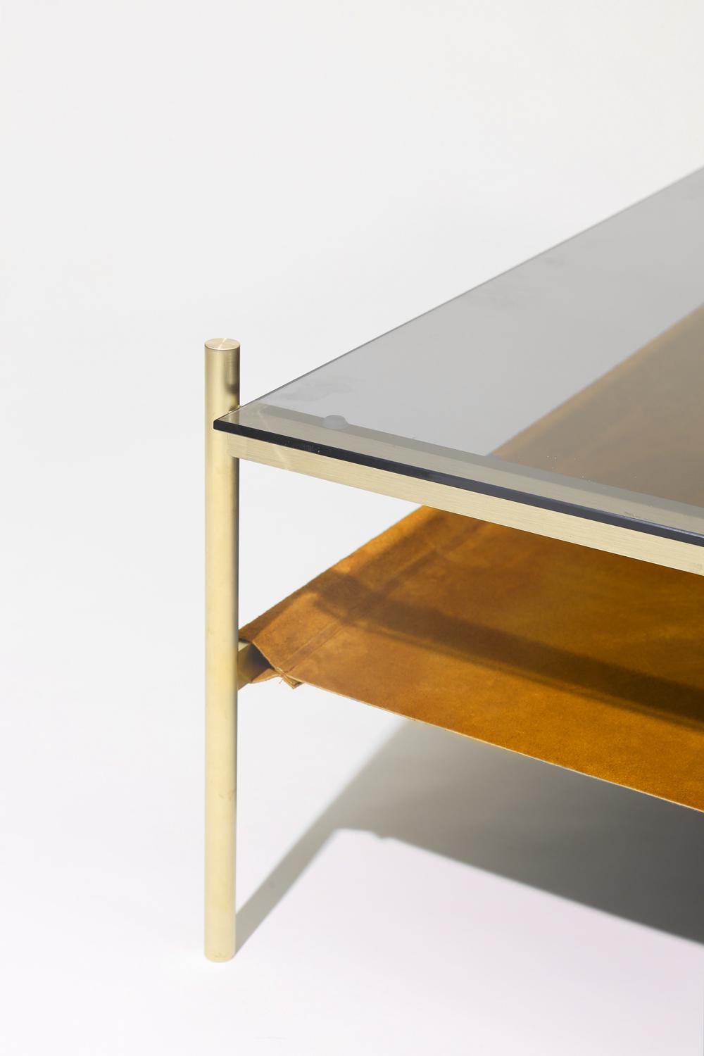 American Duotone Rectangular Coffee Table, Brass Frame / Smoked Glass / Saffron Suede For Sale