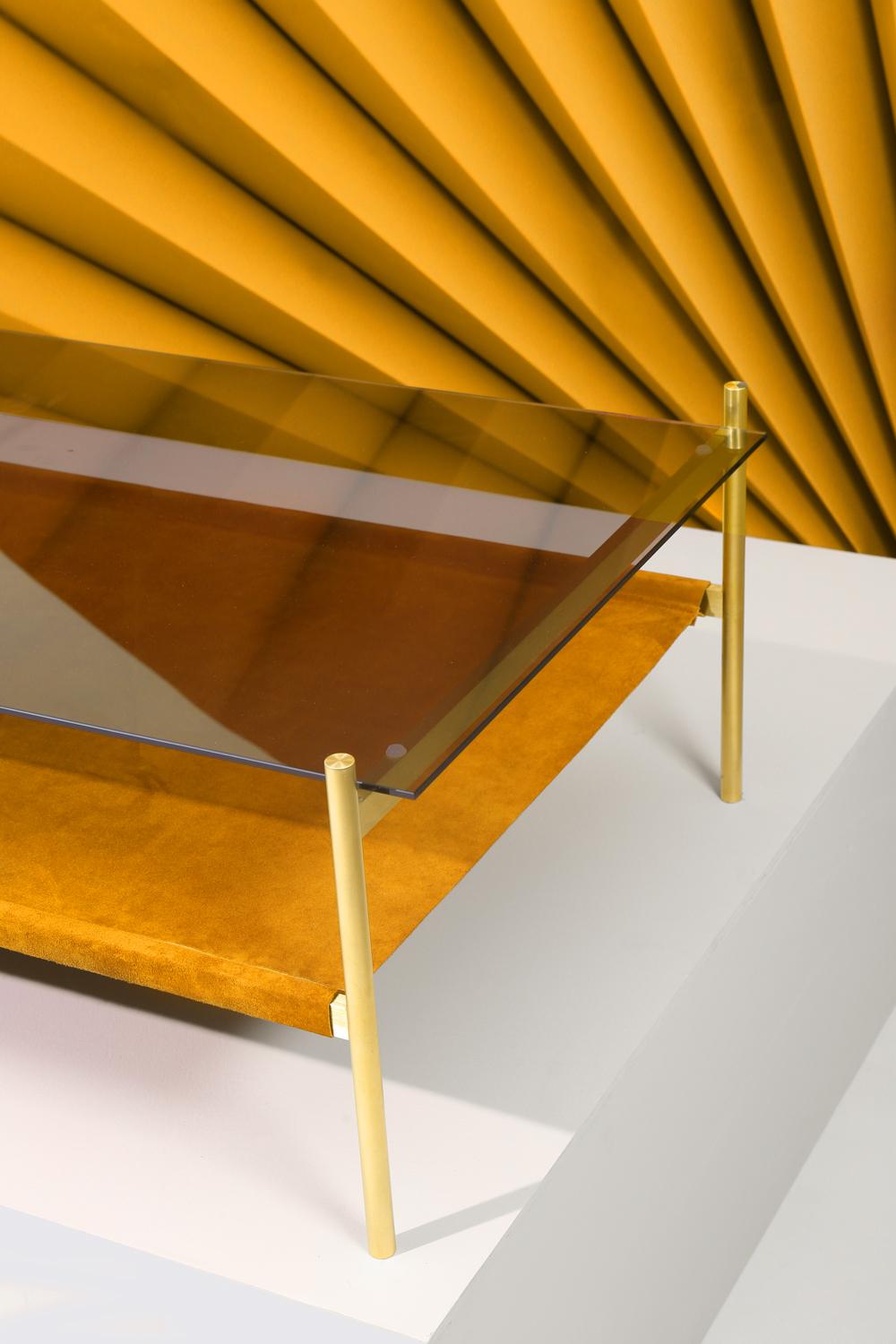Machine-Made Duotone Rectangular Coffee Table, Brass Frame / Smoked Glass / Saffron Suede For Sale