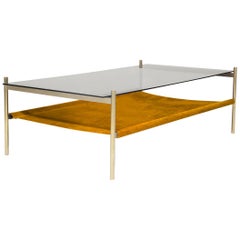 Duotone Rectangular Coffee Table, Brass Frame / Smoked Glass / Saffron Suede