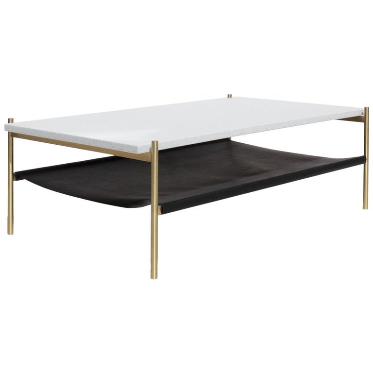 Duotone Rectangular Coffee Table, Brass Frame / White Mosaic / Black