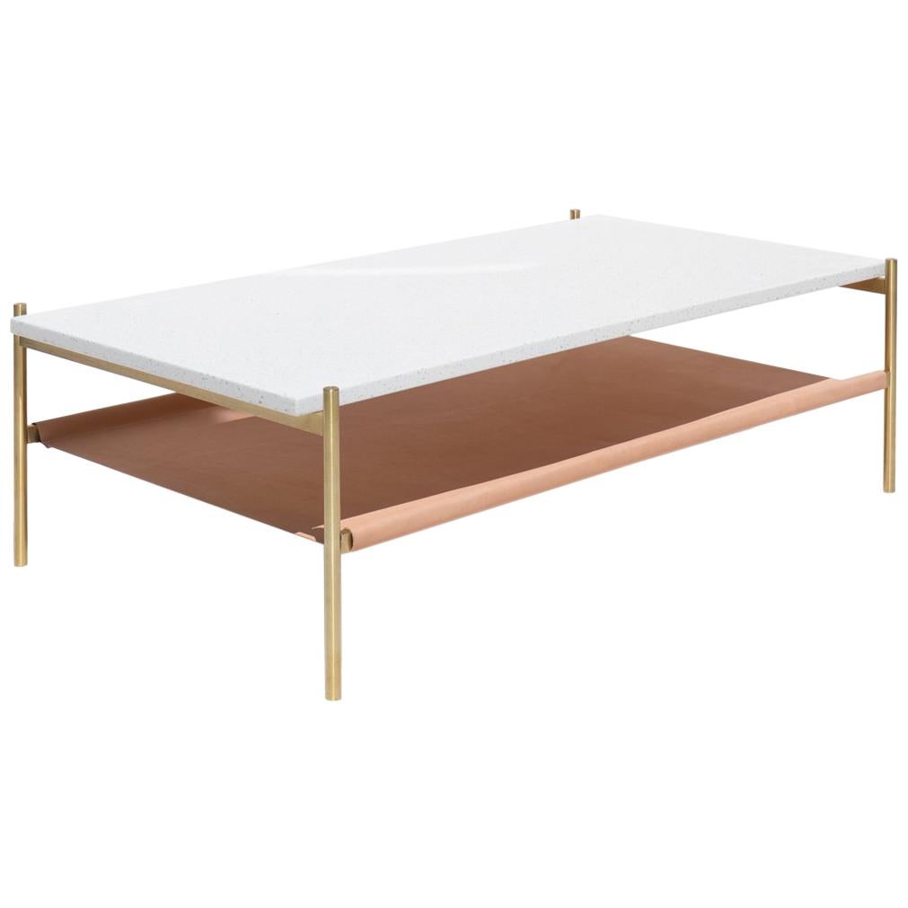 Duotone Rectangular Coffee Table, Brass Frame / White Mosaic / Natural Leather For Sale
