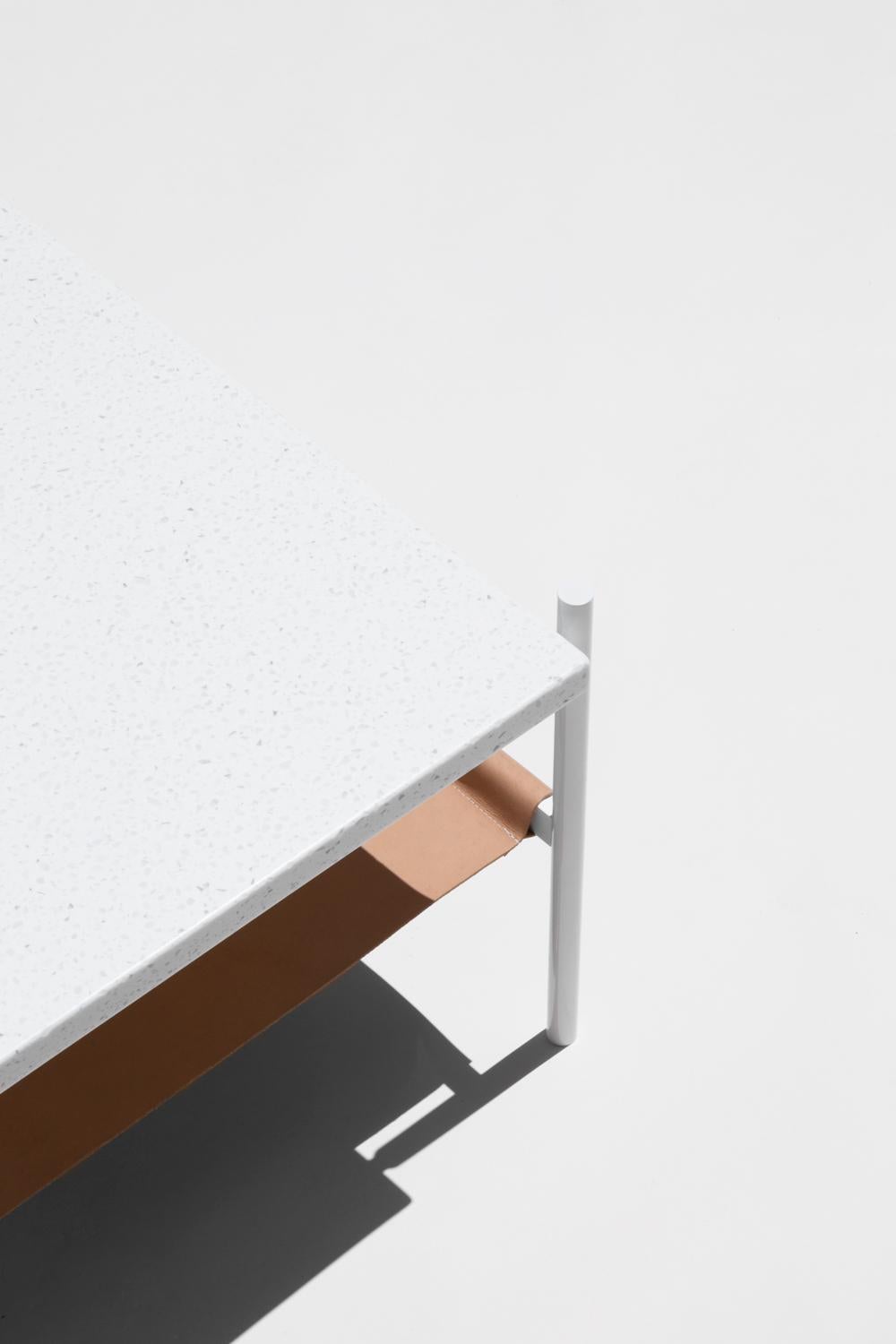 Modern Duotone Rectangular Coffee Table, White Frame / White Mosaic / Natural Leather For Sale