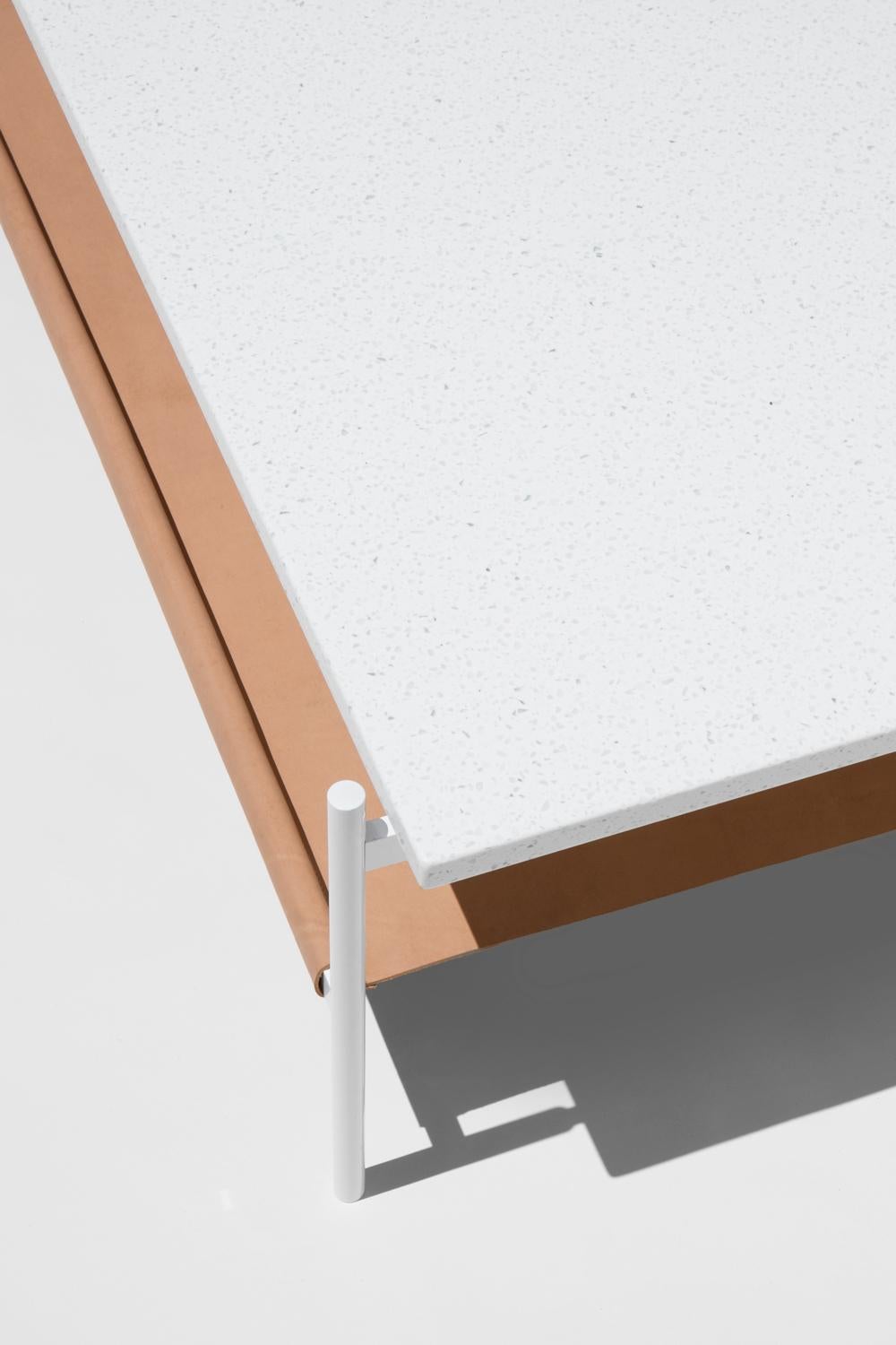 American Duotone Rectangular Coffee Table, White Frame / White Mosaic / Natural Leather For Sale