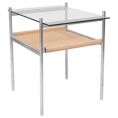 Duotone Rectangular Side Table, Aluminum Frame / Clear Glass / Natural Leather