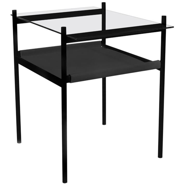 Duotone Rectangular Side Table, Black Frame / Clear Glass / Black Leather For Sale