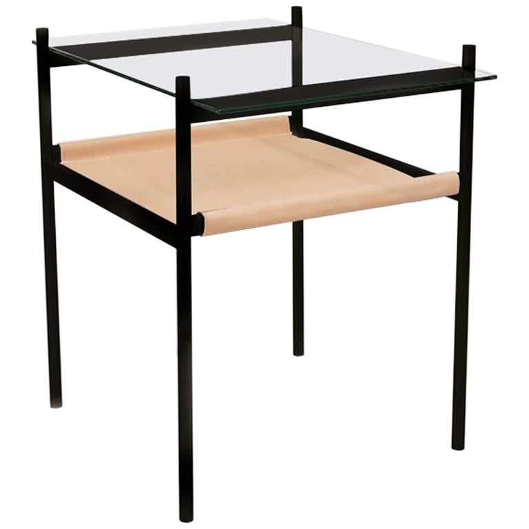 Duotone Rectangular Side Table, Black Frame / Clear Glass / Natural Leather For Sale