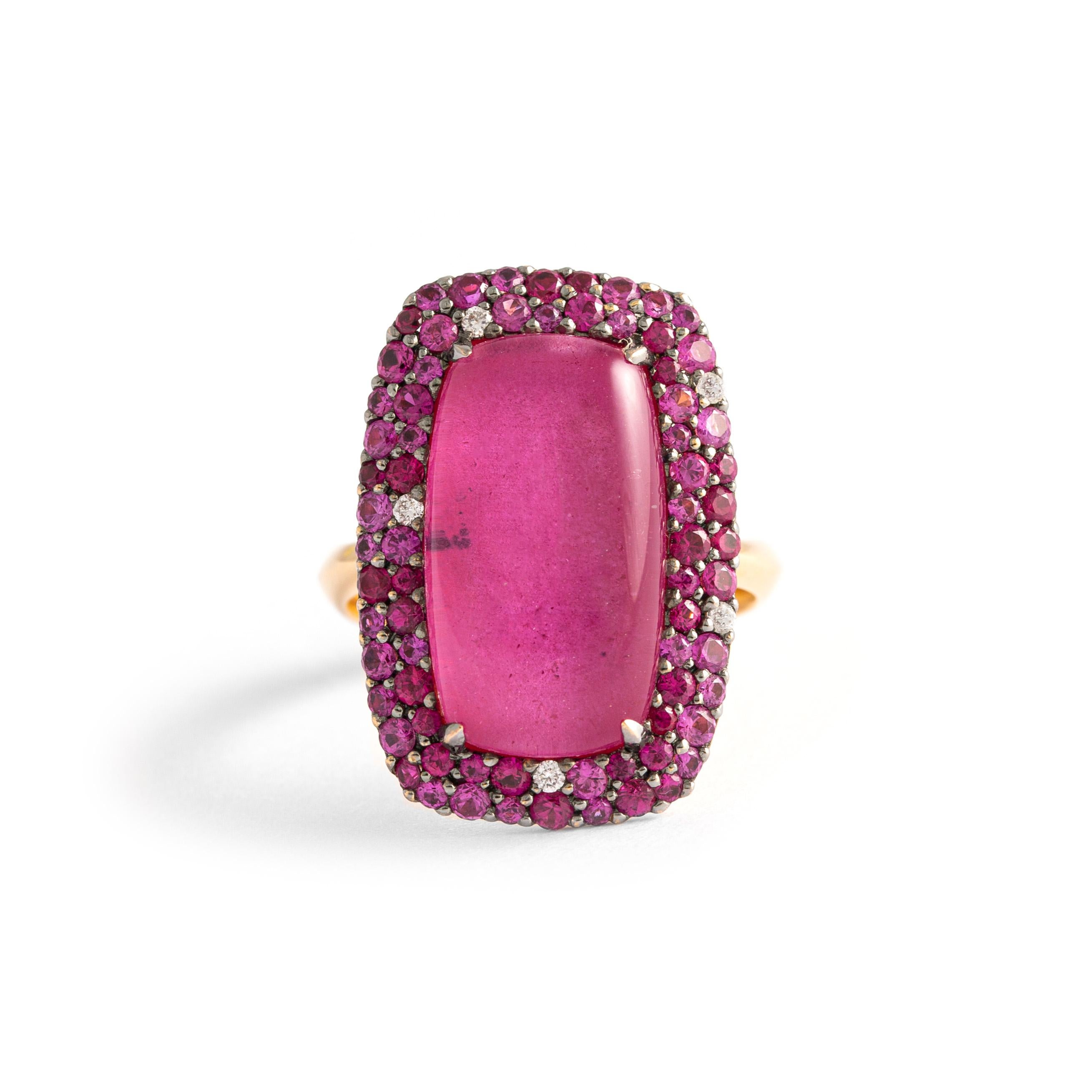 RING Au 18KT Weight 8,32 53,7 Diam. 5-Bril.Cut-0,05-
G/SI1A Duplet ruby 1-8,86 ct PINK SAPPHIRE 41-0,68 ct 
RUBY 30-0,57 ct