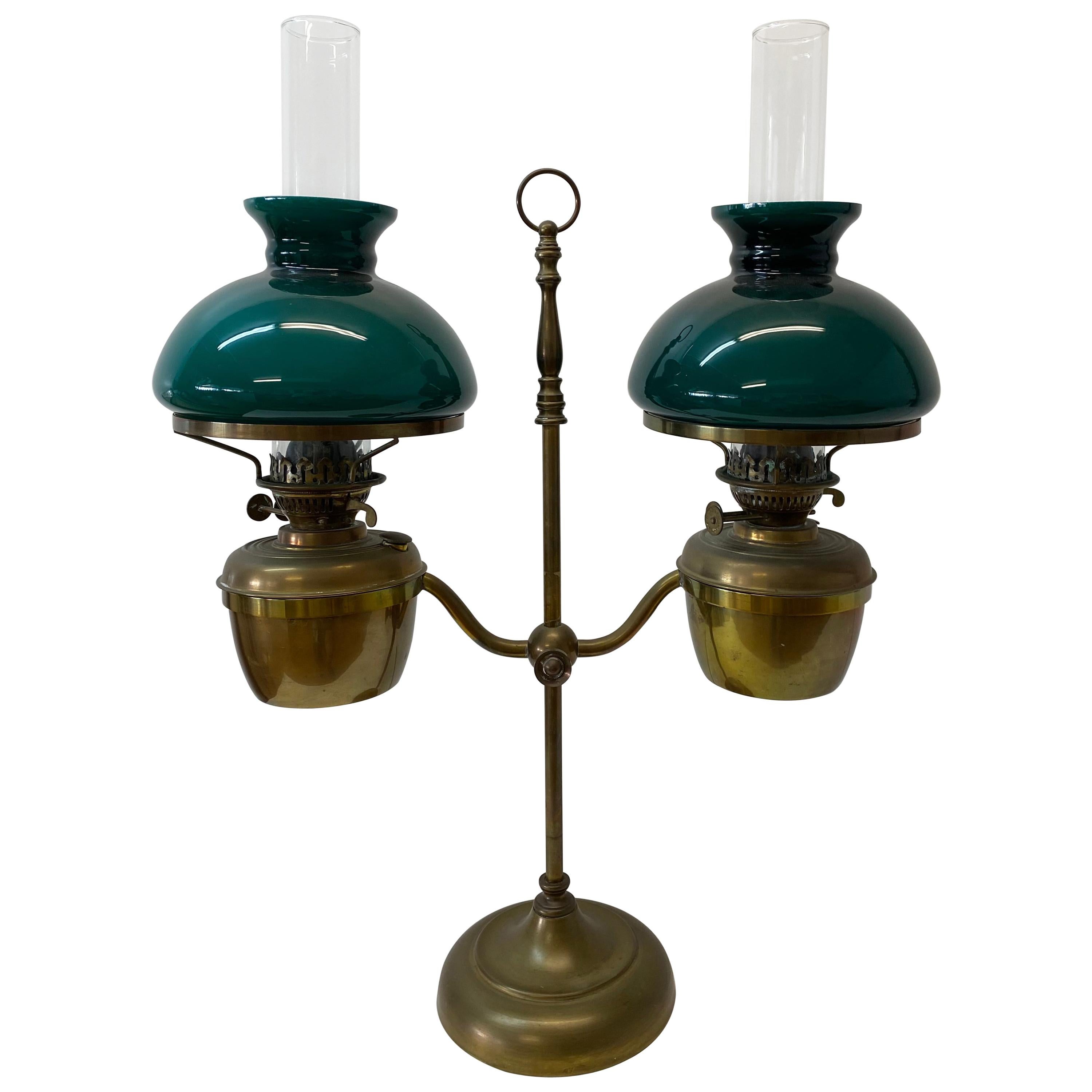 Duplex, England "Double Student" Victorian Oil Lamp with Green Shades circa 1900
