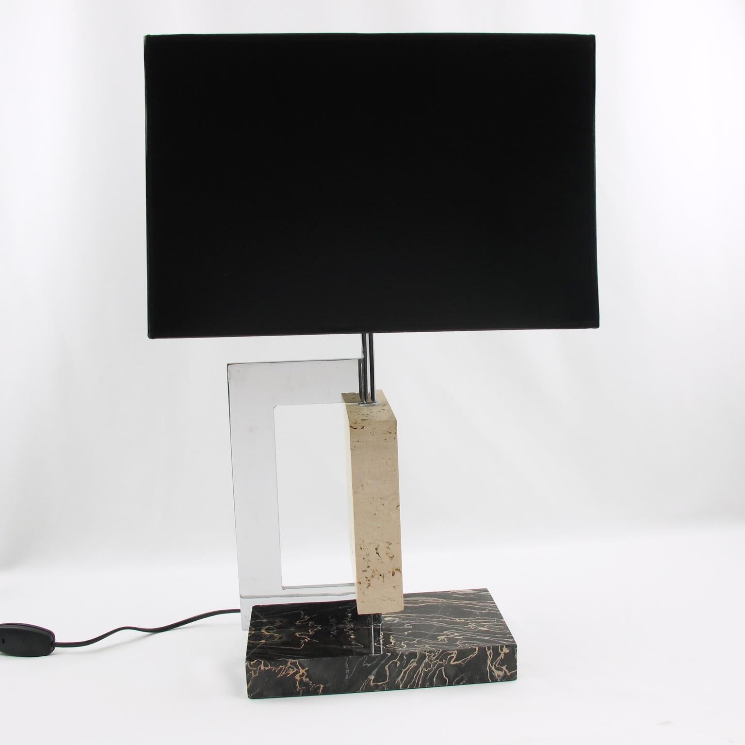 Dupre Lafon Style 1940s French Art Deco Marble Travertine and Chrome Table Lamp In Excellent Condition In Atlanta, GA