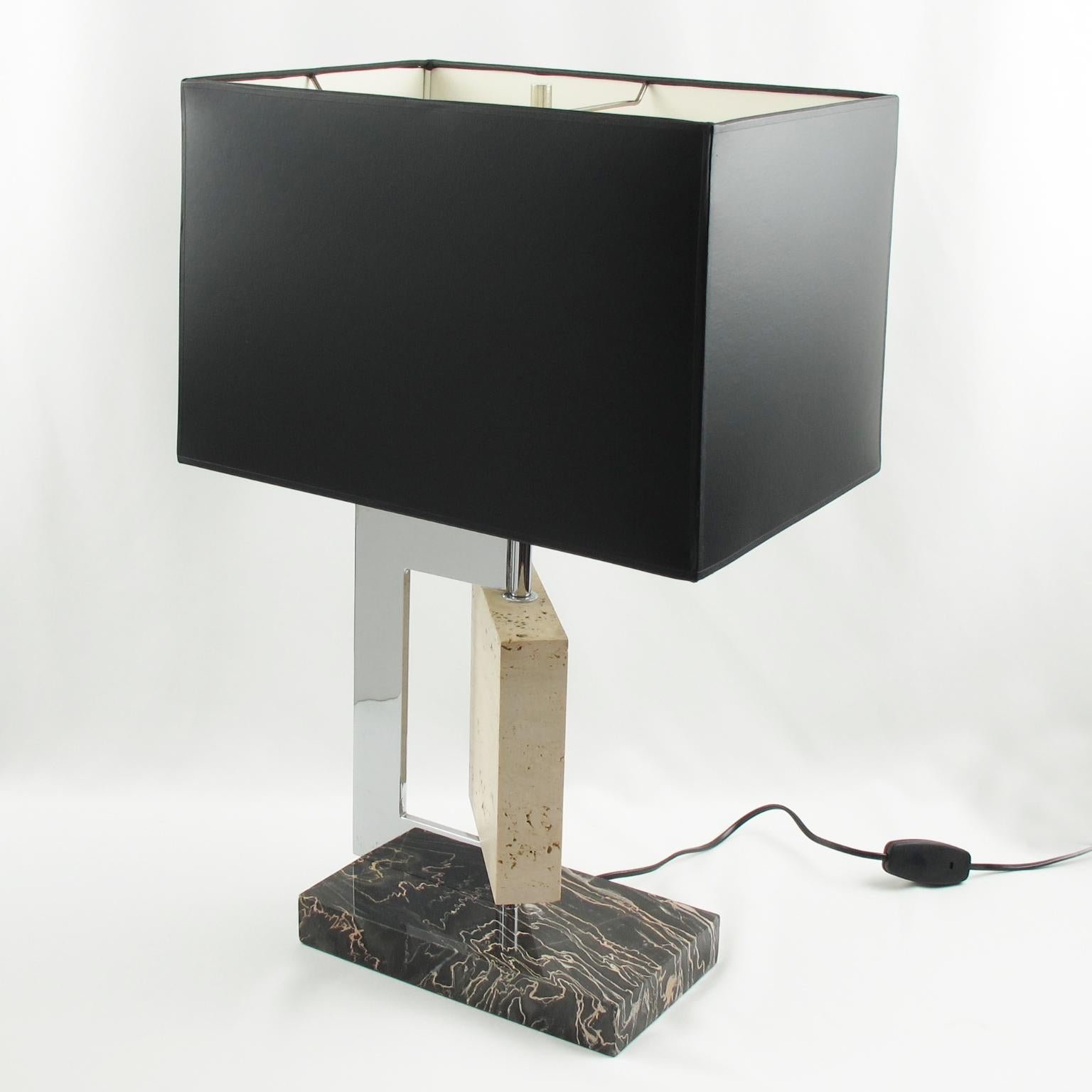 Mid-20th Century Dupre Lafon Style 1940s French Art Deco Marble Travertine and Chrome Table Lamp