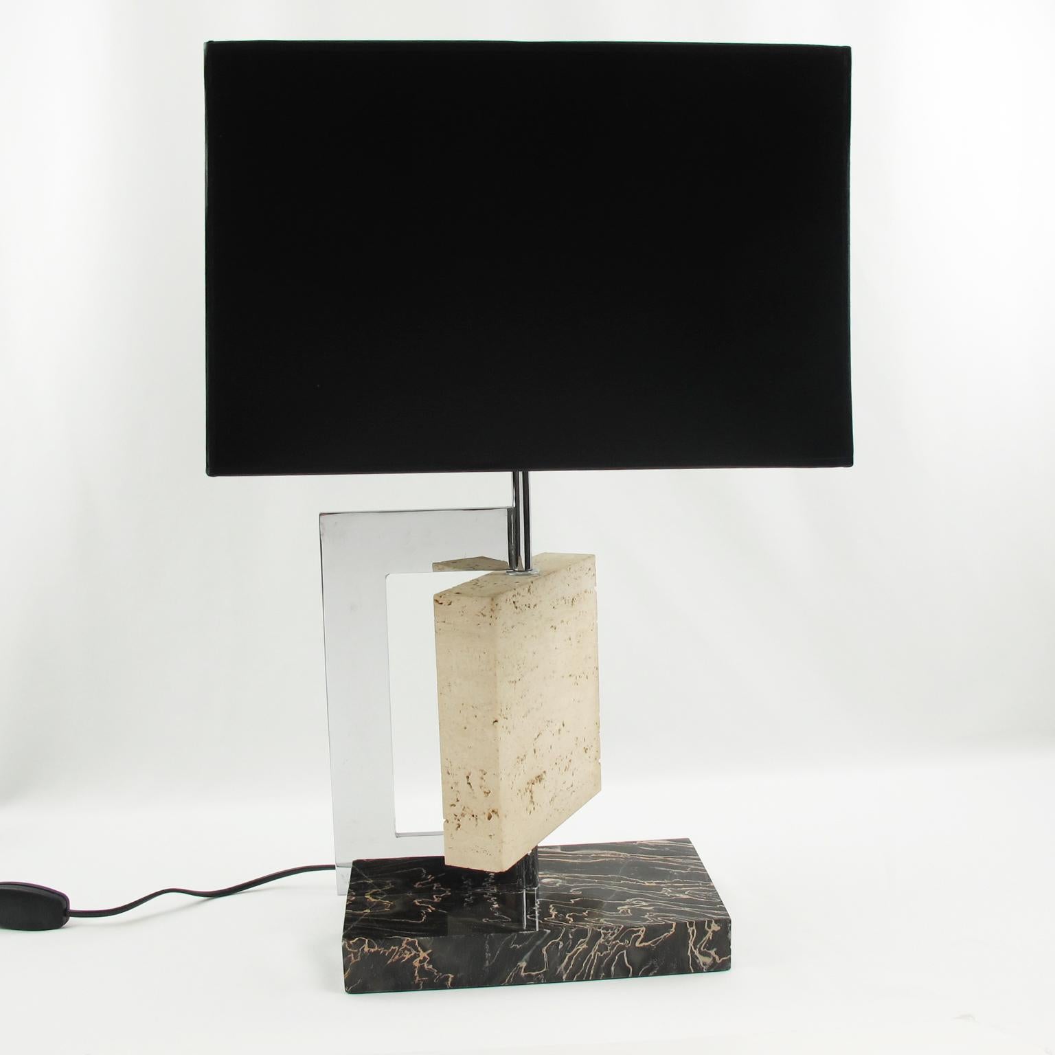Bronze Dupre Lafon Style 1940s French Art Deco Marble Travertine and Chrome Table Lamp