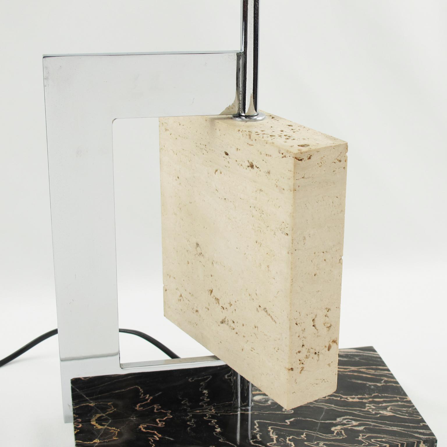 Dupre Lafon Style 1940s French Art Deco Marble Travertine and Chrome Table Lamp 2
