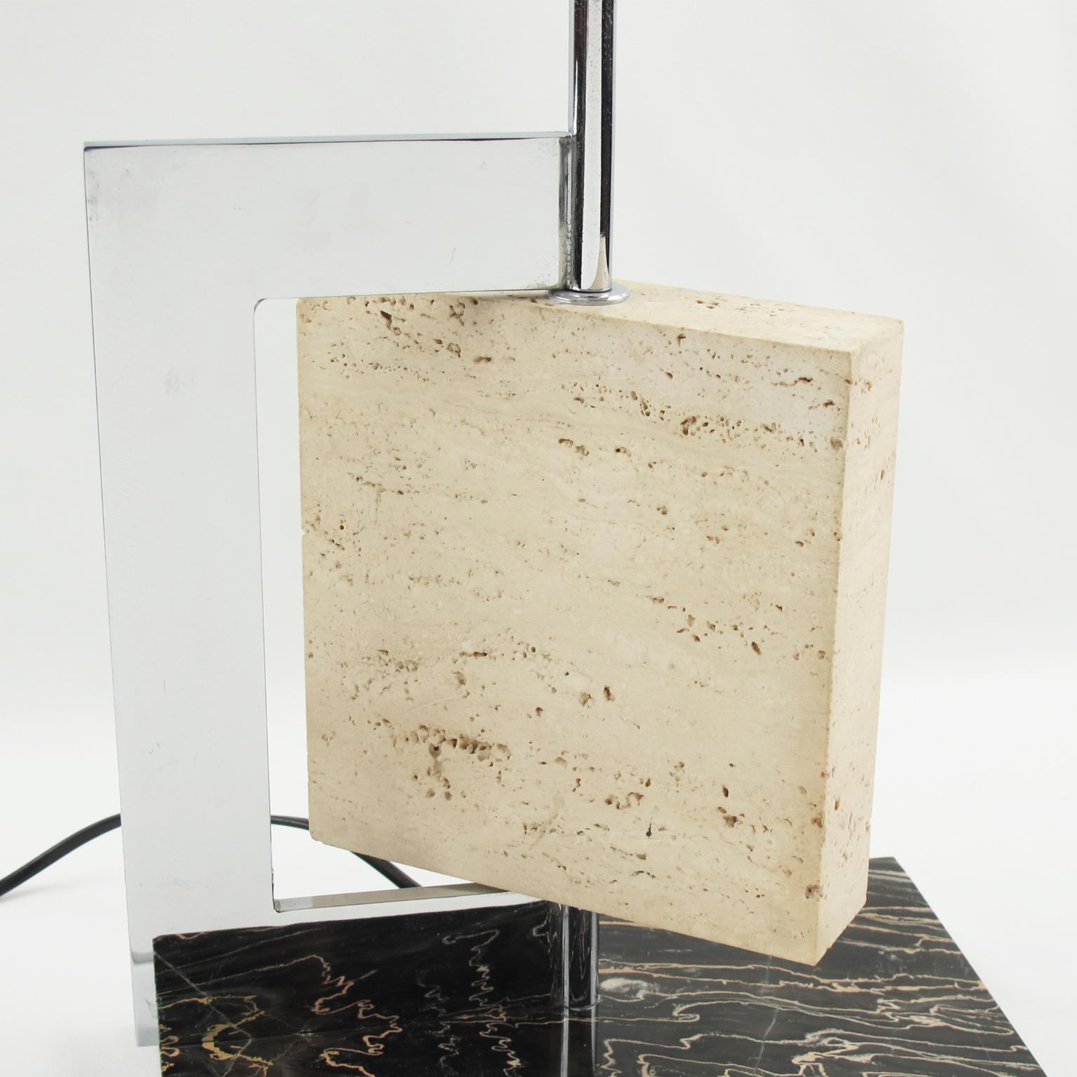 Dupre Lafon Style 1940s French Art Deco Marble Travertine and Chrome Table Lamp 3