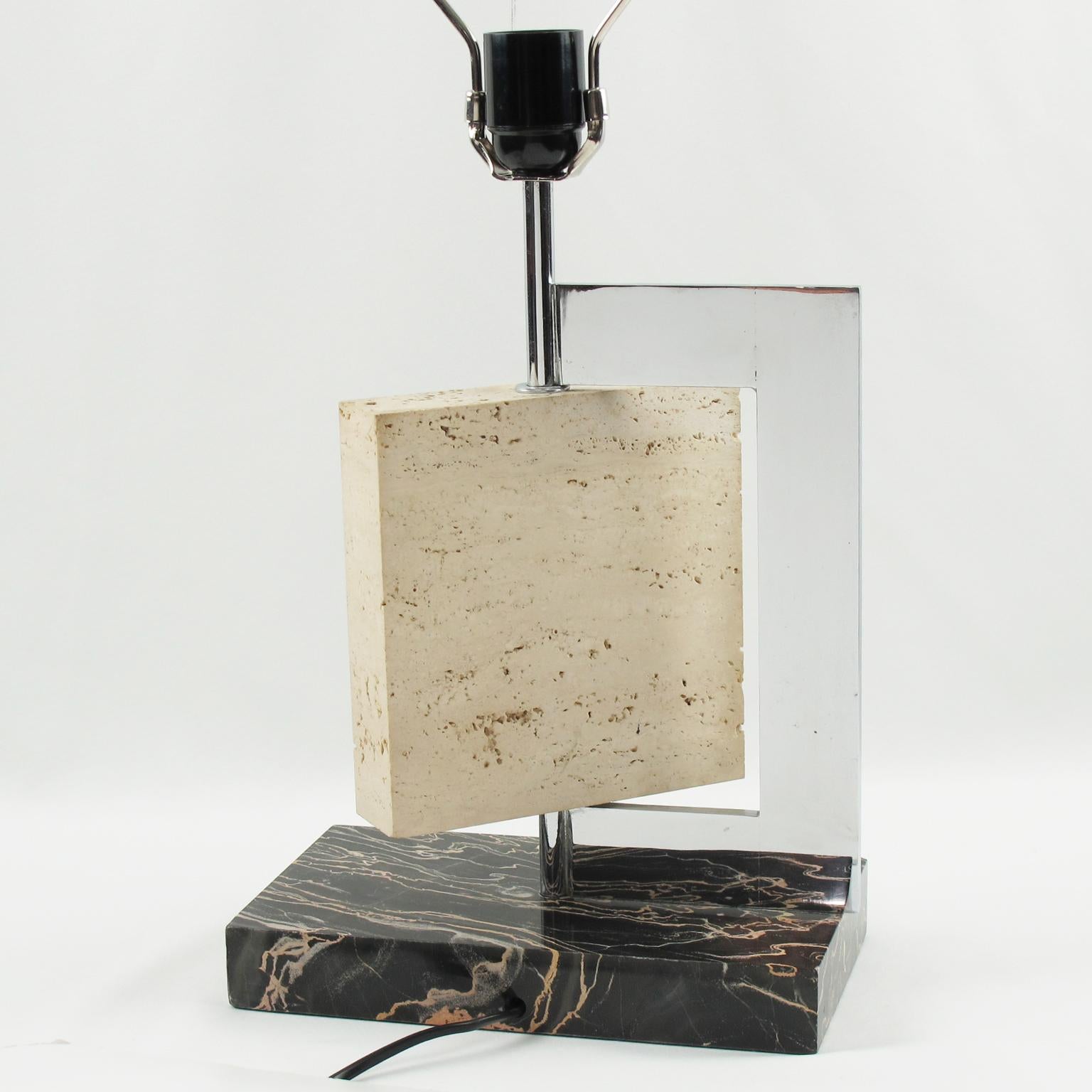 Dupre Lafon Style 1940s French Art Deco Marble Travertine and Chrome Table Lamp 4