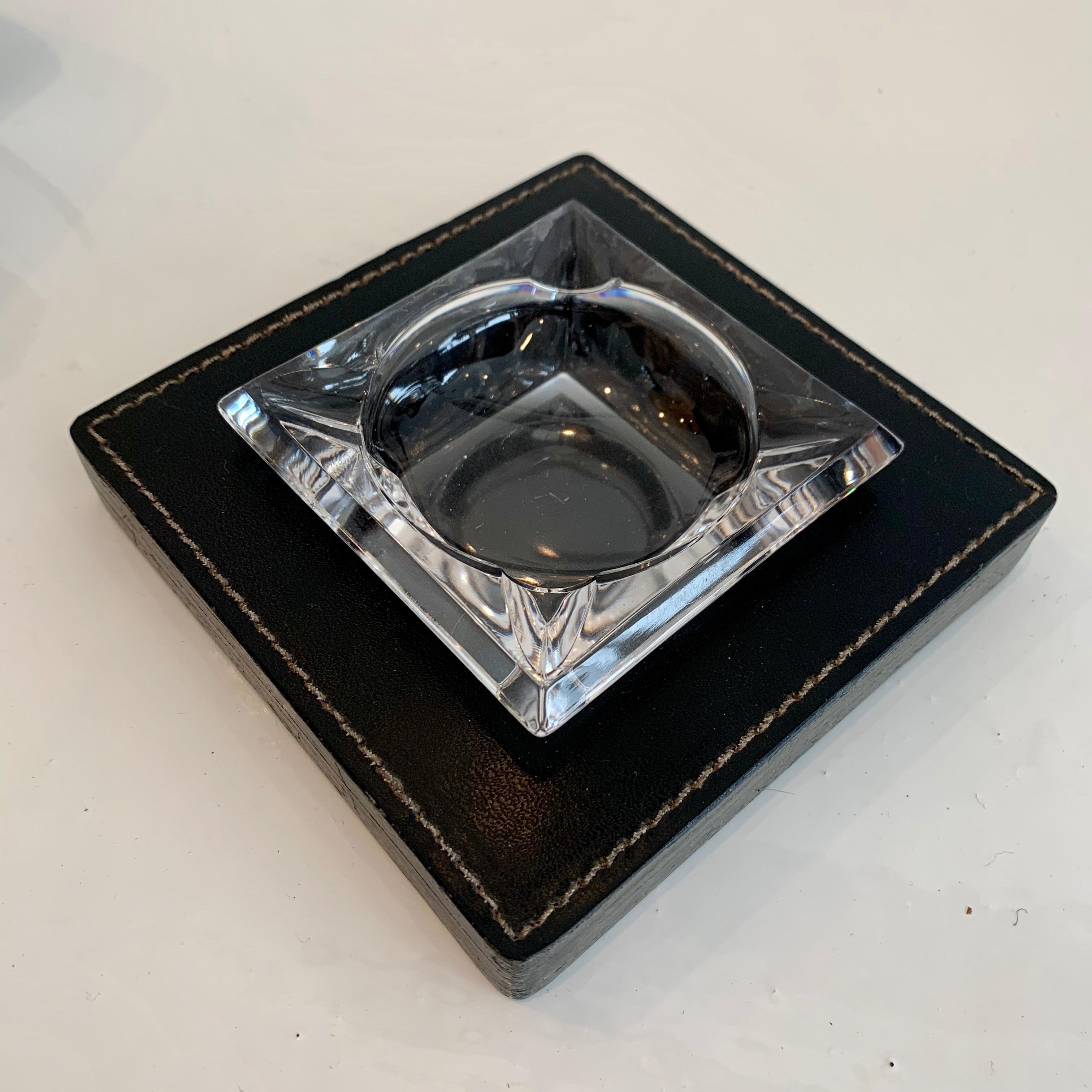 French Dupre LaFon Style Leather and Glass Ashtray