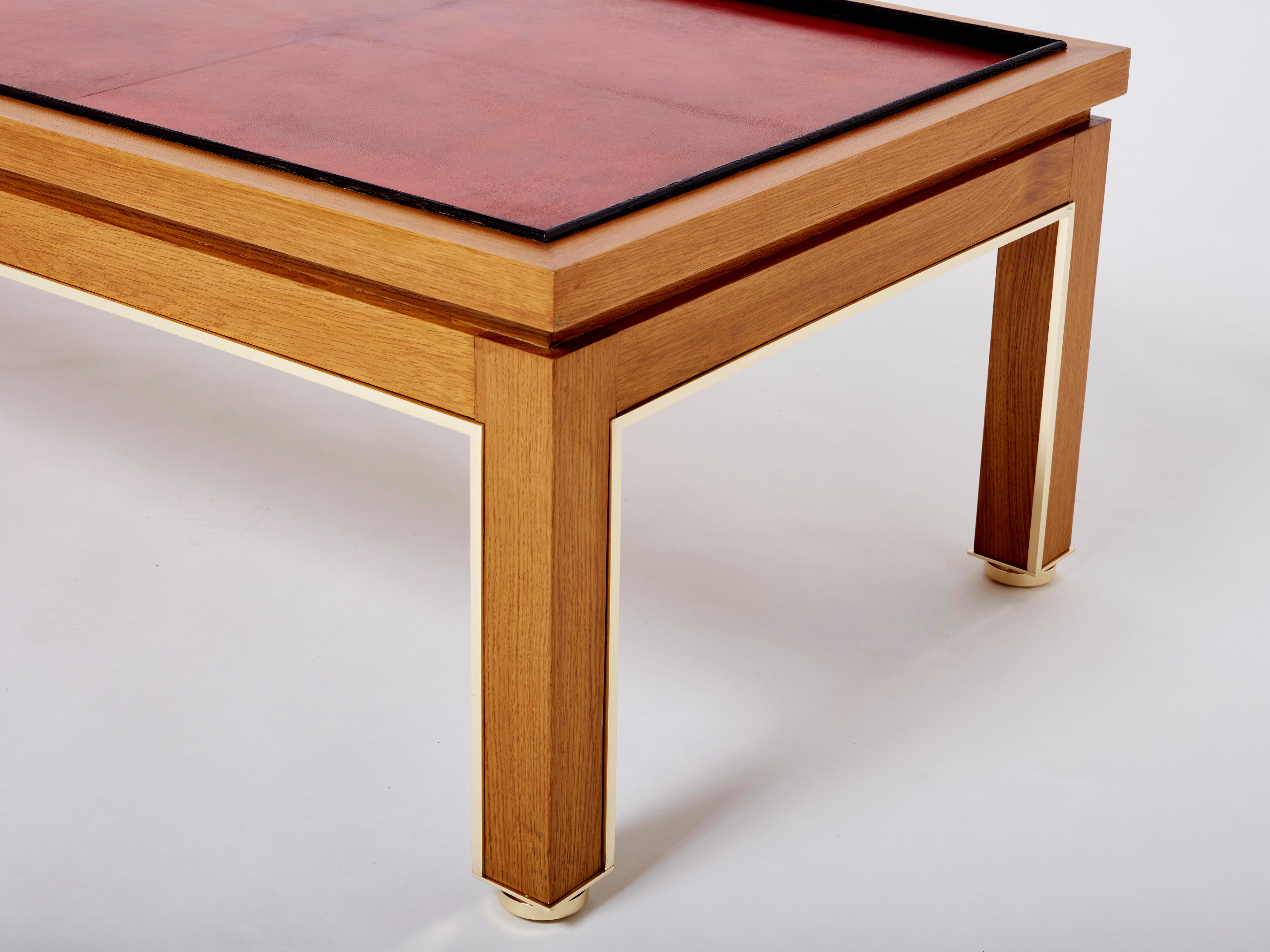 French Dupré-lafon Style Oak Brass Leather Coffee Table Alberto Pinto, 1990 For Sale