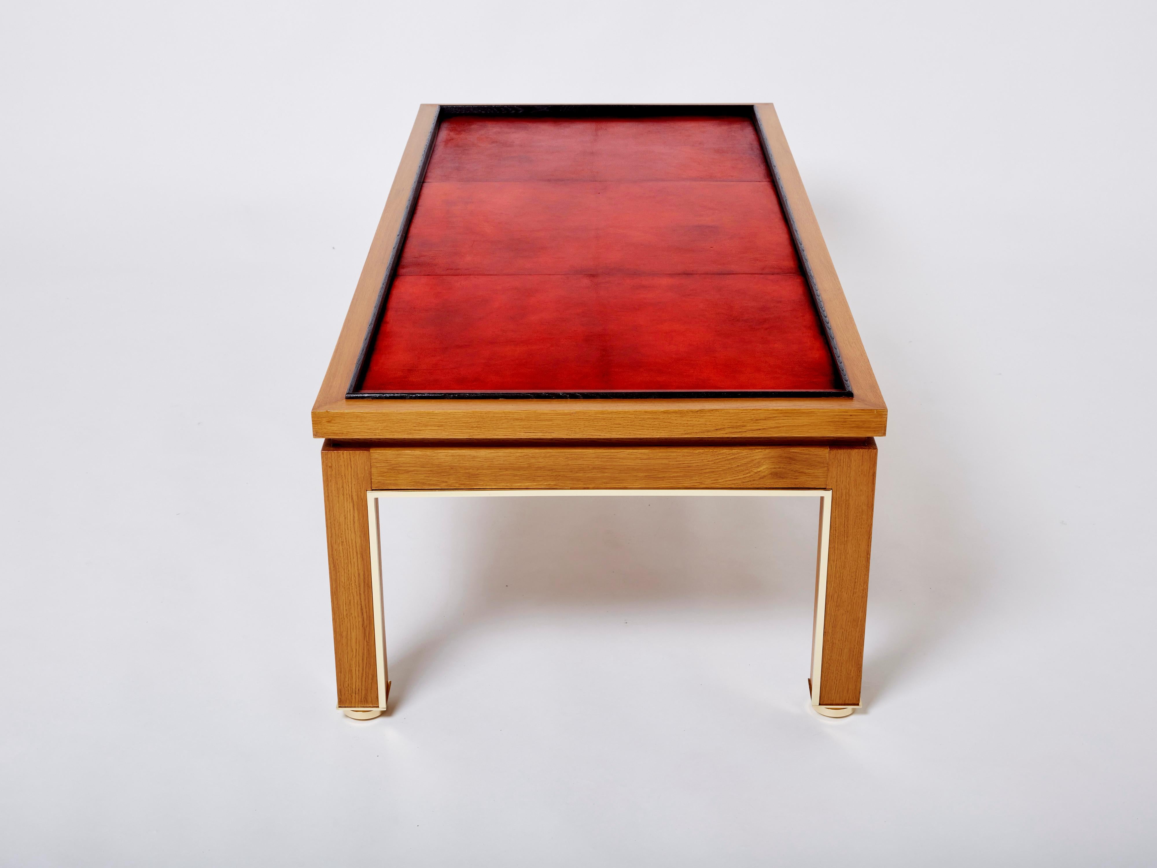 Late 20th Century Dupré-lafon Style Oak Brass Leather Coffee Table Alberto Pinto, 1990 For Sale