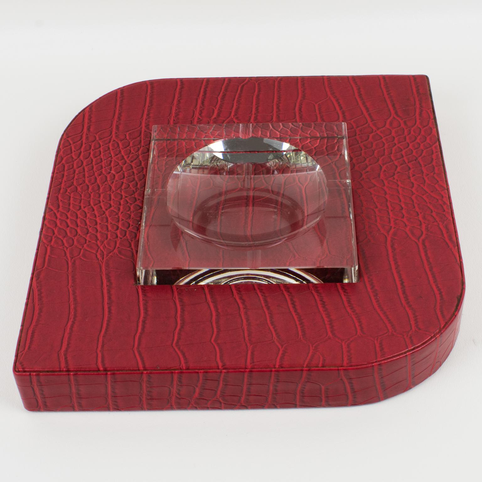 French Dupre Lafon Style Red Leather and Crystal Cigar Ashtray Catchall Vide Poche