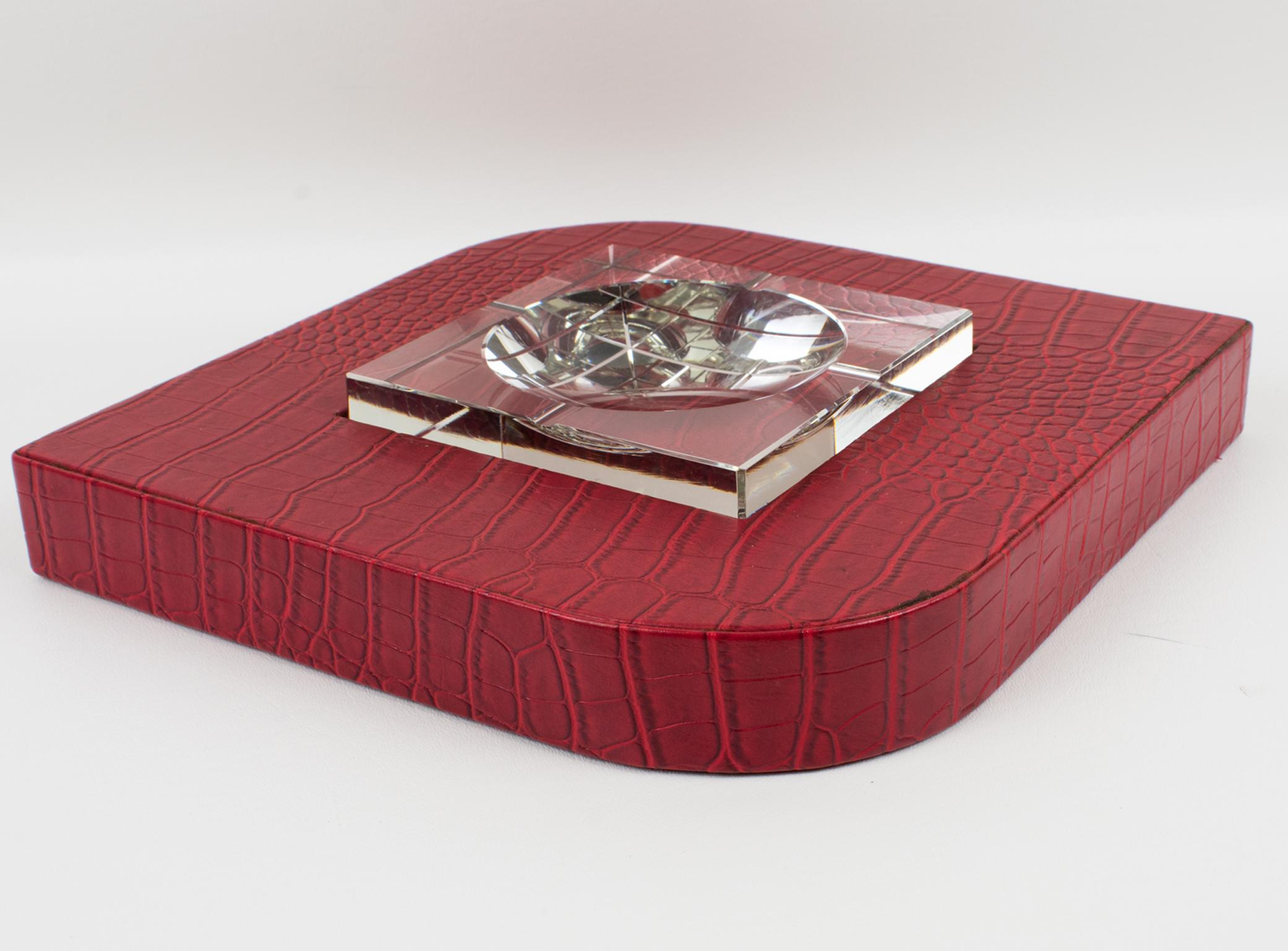 Mid-20th Century Dupre Lafon Style Red Leather and Crystal Cigar Ashtray Catchall Vide Poche