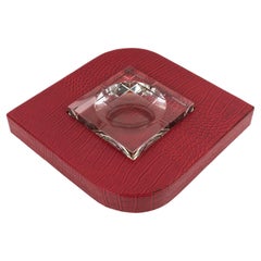 Dupre Lafon Style Red Leather and Crystal Cigar Ashtray Catchall Desk Tidy