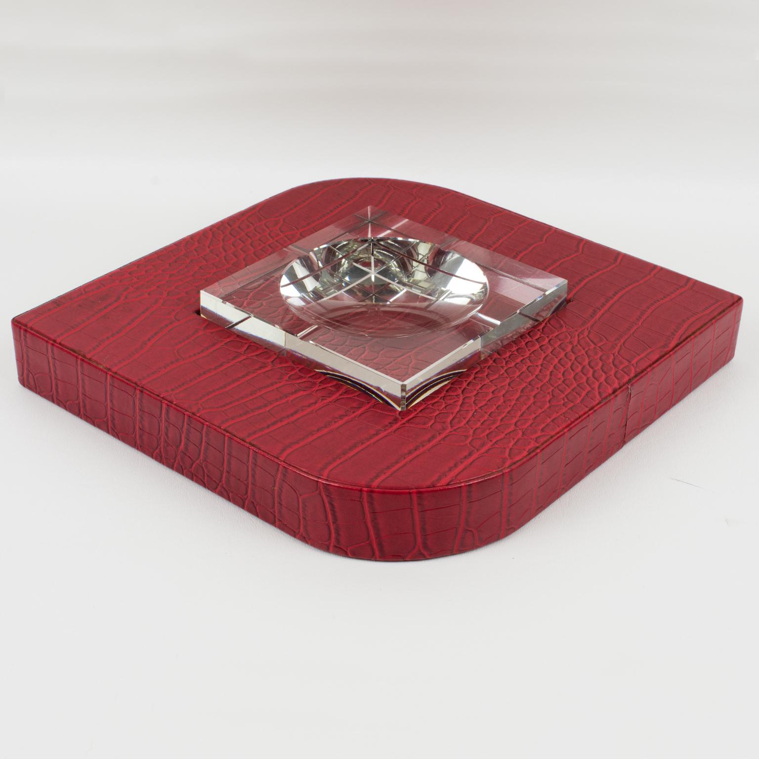 Dupre Lafon Style Red Leather and Crystal Cigar Ashtray Catchall Vide Poche For Sale 6