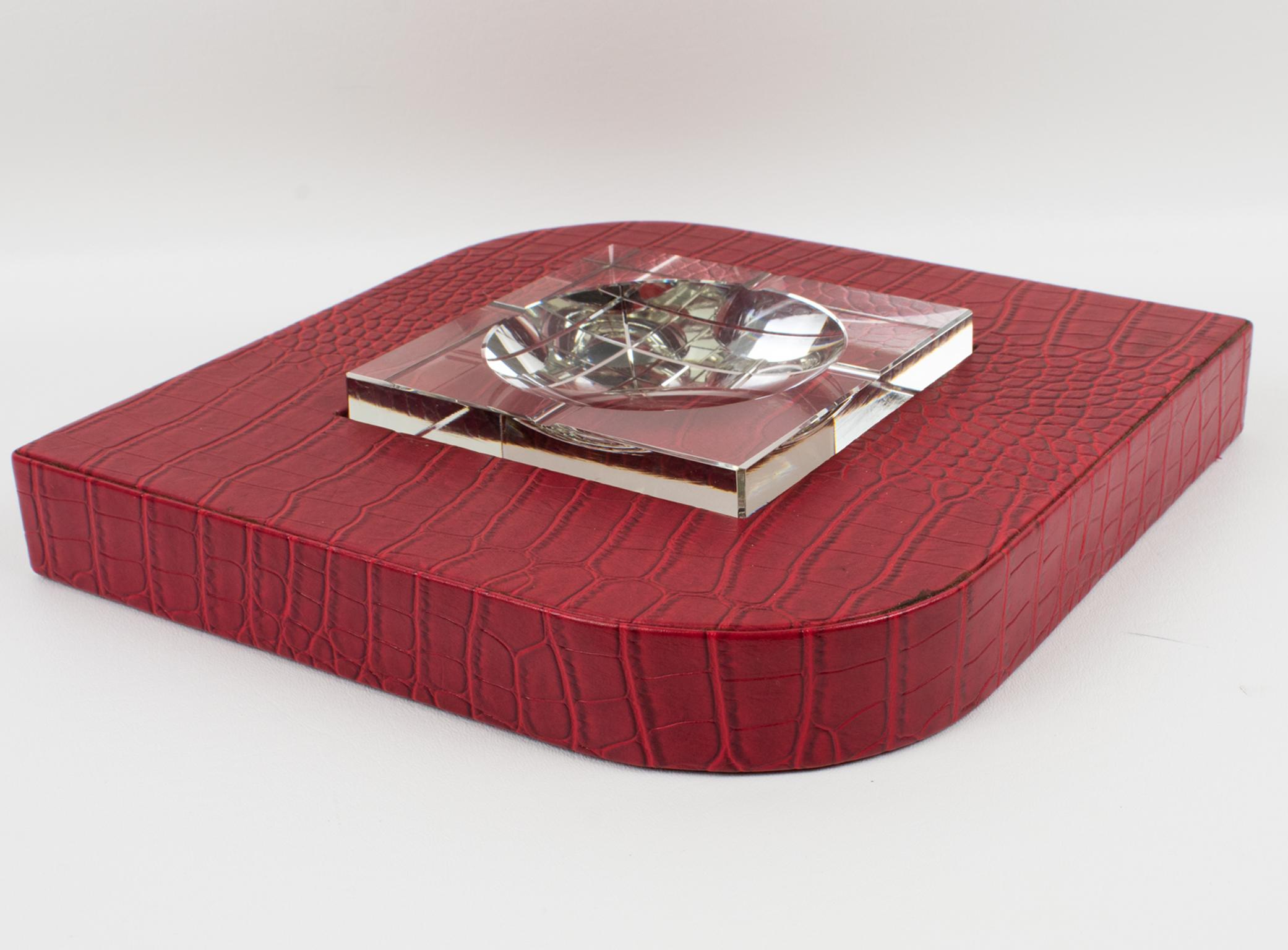 Mid-20th Century Dupre Lafon Style Red Leather and Crystal Cigar Ashtray Catchall Vide Poche For Sale