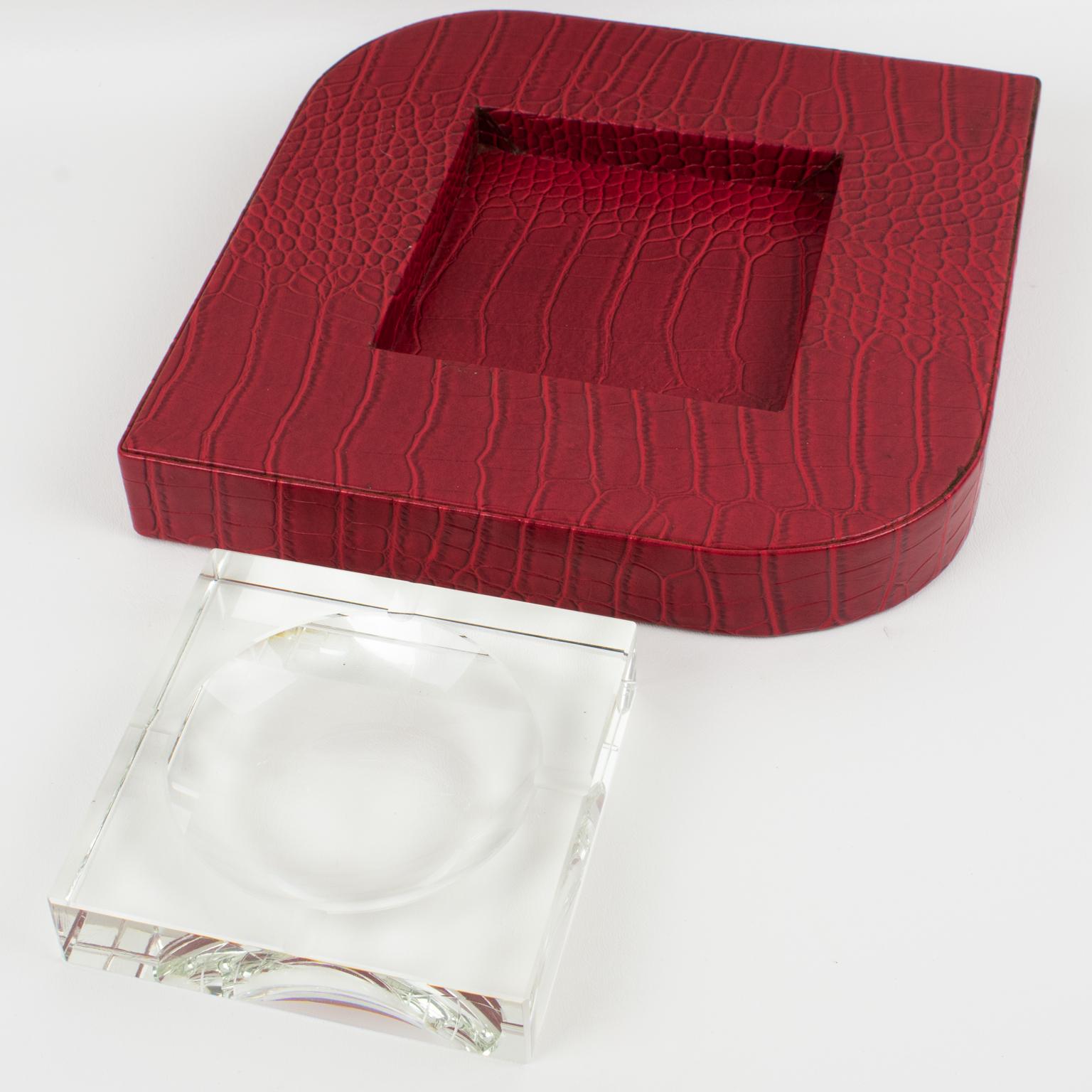 Dupre Lafon Style Red Leather and Crystal Cigar Ashtray Catchall Vide Poche For Sale 1