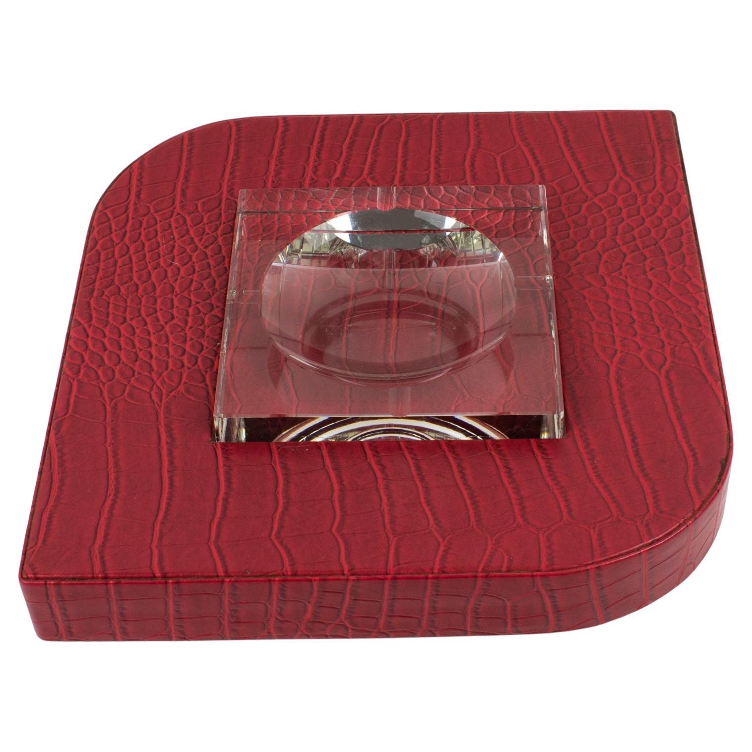 Dupre Lafon Style Red Leather and Crystal Cigar Ashtray Catchall Vide Poche For Sale